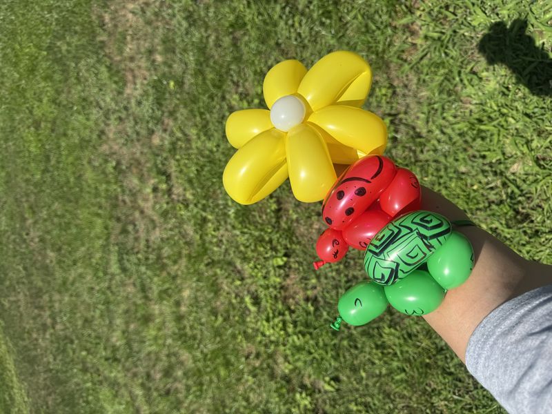 Balloon flower, ladybug, and turtle bracelets at a Texas kids party