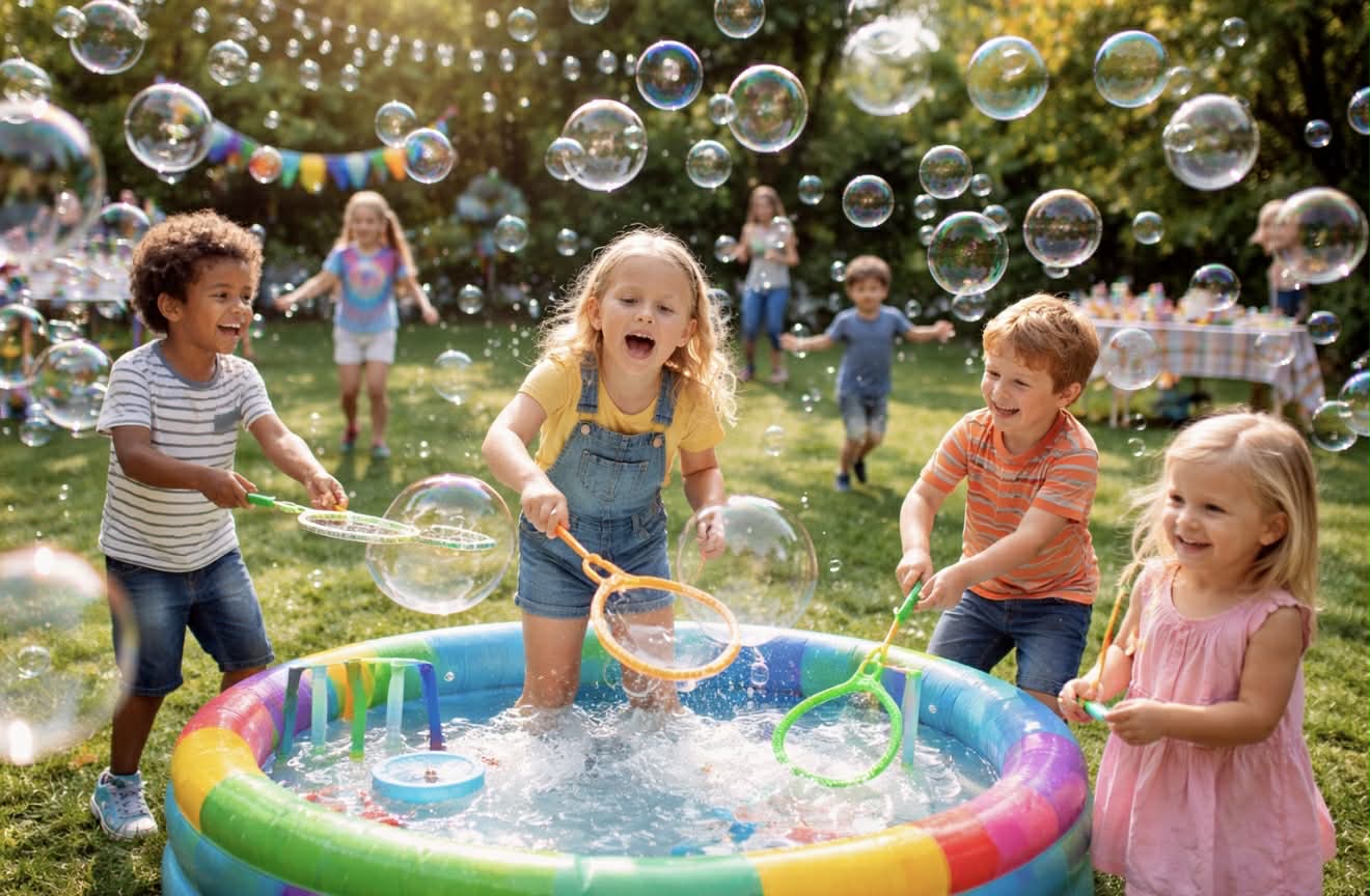 Bubble Party Pool Station Texas - Kids Playing with Bubble Wands at Outdoor Birthday Party Event